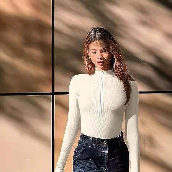 2023 Sexy žebrovaný body s dlouhým rukávem a zipem