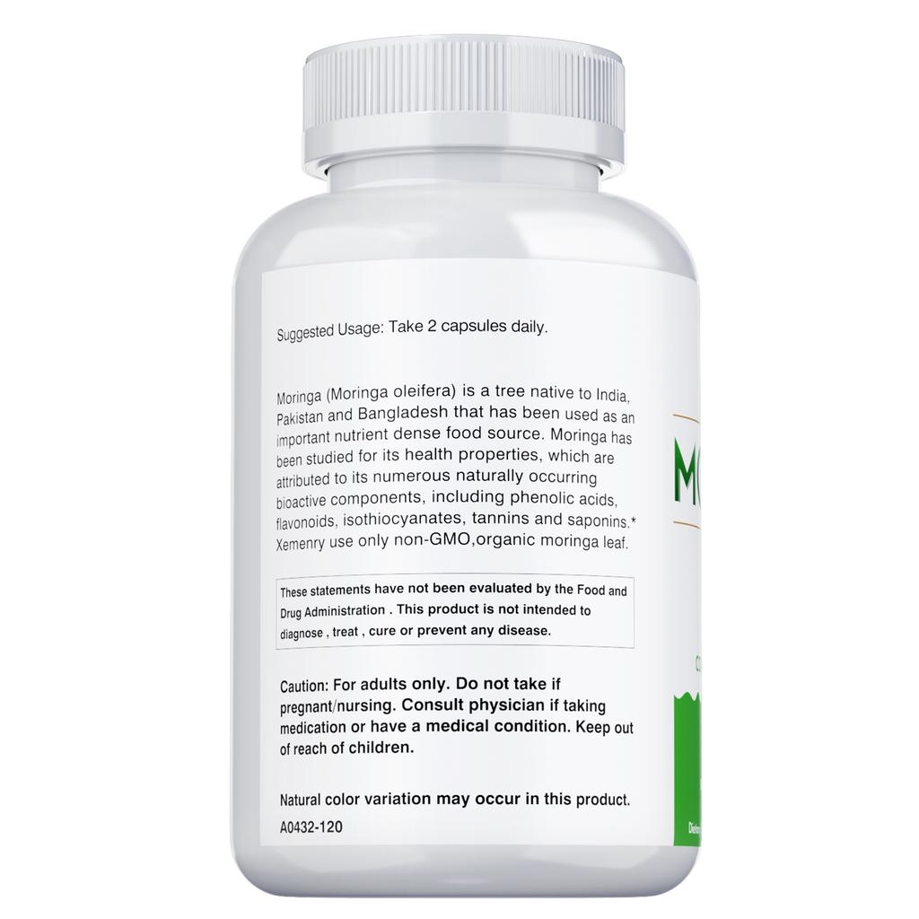 Xemenry Moringa Powder Capsules support energy, skin, and gut health. Suitable for adults, vegan.
