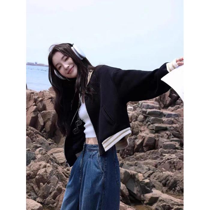 

Women s Petite Loose Casual Retro Baseball Jacket - Versatile Spring/Autumn Short Coat Large