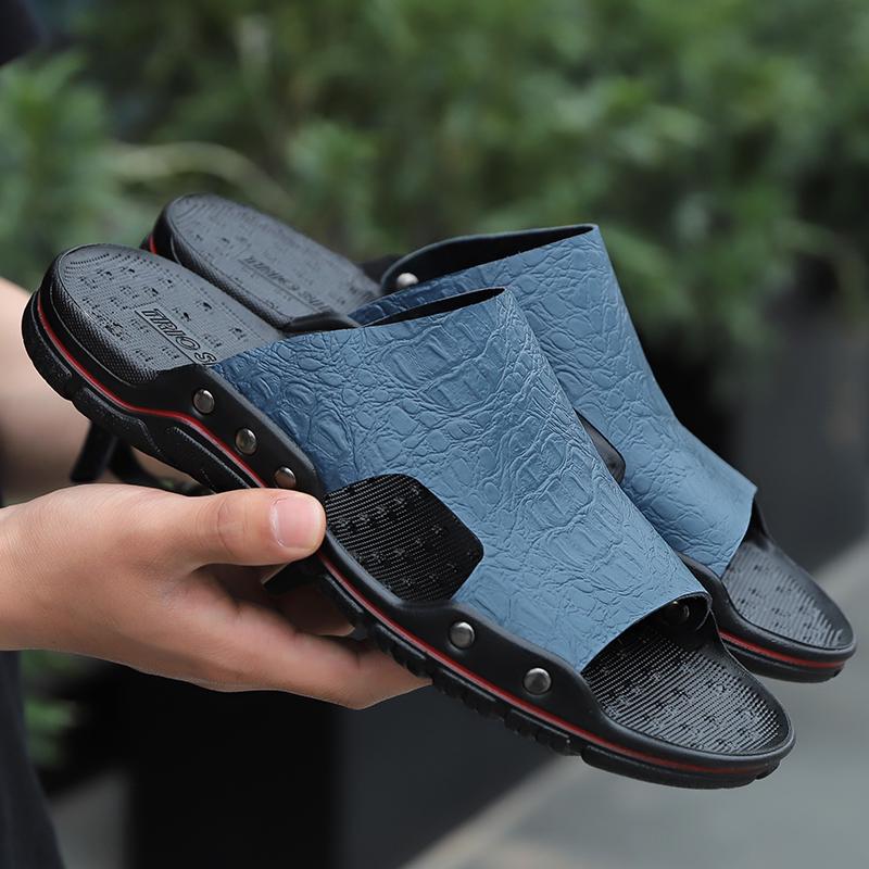 Zapatillas planas de verano para hombre, sandalias deslizantes extra anchas, sandalias de cuero suaves informales con punta abierta para la playa al aire libre