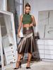Rose Beauty A Elegant Vintage High Waist Zipper Side Pleated Ruffle Hem PU Leather Midi Skirt