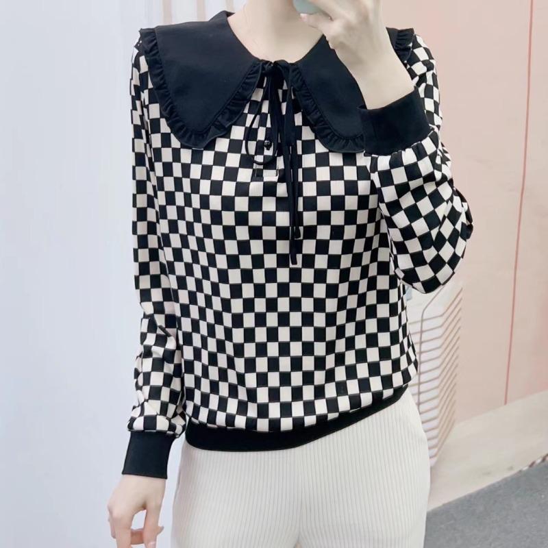 

Весна Новинка Hanpai Женская Мода Клетчатый Повседневный Кукольный Воротник Длинный Рукав Пуловер Свитер Нижняя Рубашка Топ XXL