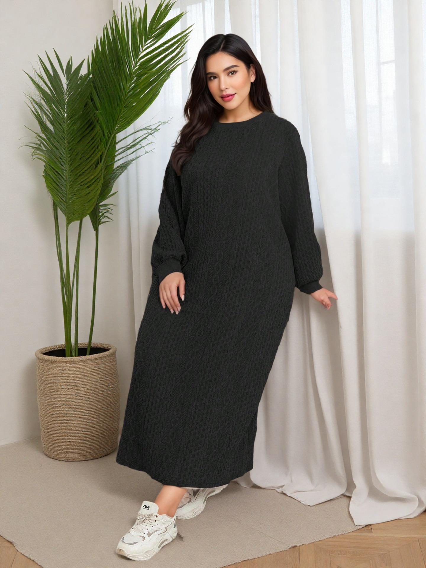 

2025 A/W Women s Plus Size Lantern Sleeve Knit Dress 0XL чорний