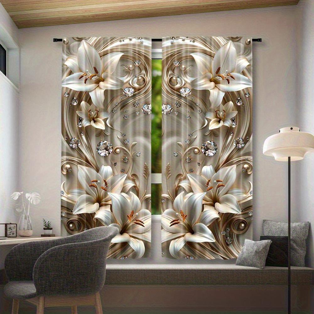 2 Pcs Elegant 3D Lily Curtains – Modern Sheer Window Treatment with Rod Pocket for Bedroom Living Room Kitchen Office All Rooms