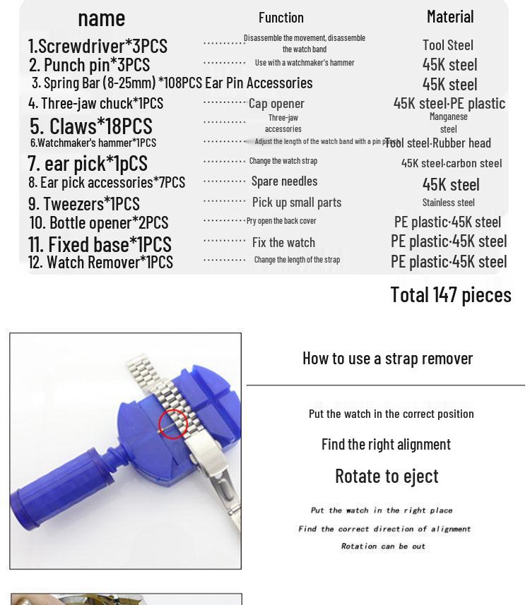 147-Piece Watch & Glasses Repair Kit with Case Opener and Battery Replacement Tools for Home Use