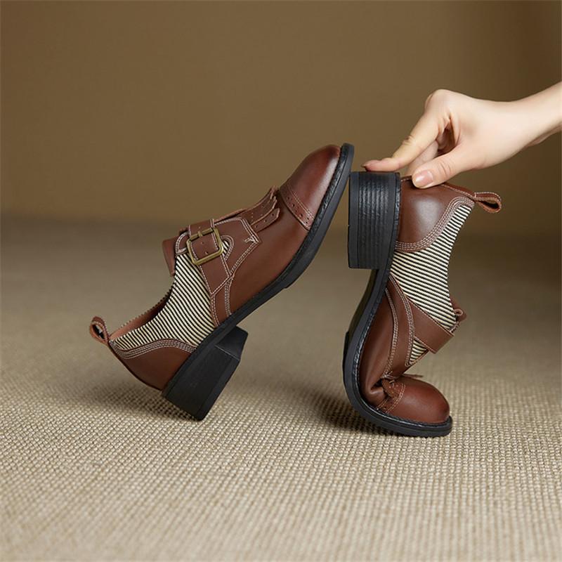 Moda Nuove Scarpe da Donna in Vera Pelle Primavera/Autunno Mocassini a Punta Tonda Scarpe da Donna Moda Pumps da Donna Tacco Alto Chunky