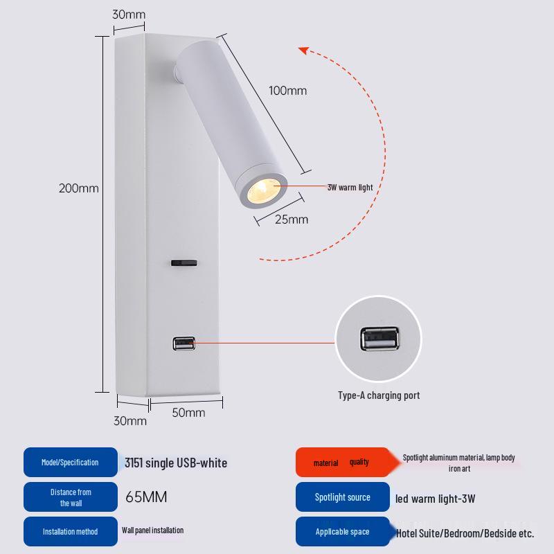 

Вращающийся настенный светильник Type-C USB с выключателем для спальни, кабинета или отеля 3W Warm Light