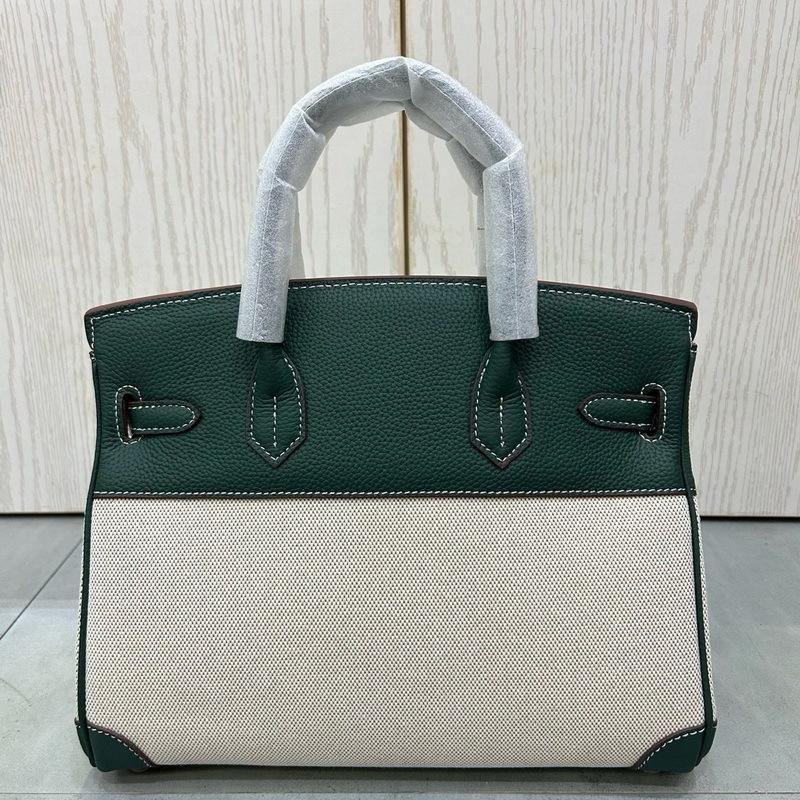 2026 new first-layer lychee pattern cowhide with linen canvas platinum bag genuine leather handbag European and American messenger bag bag