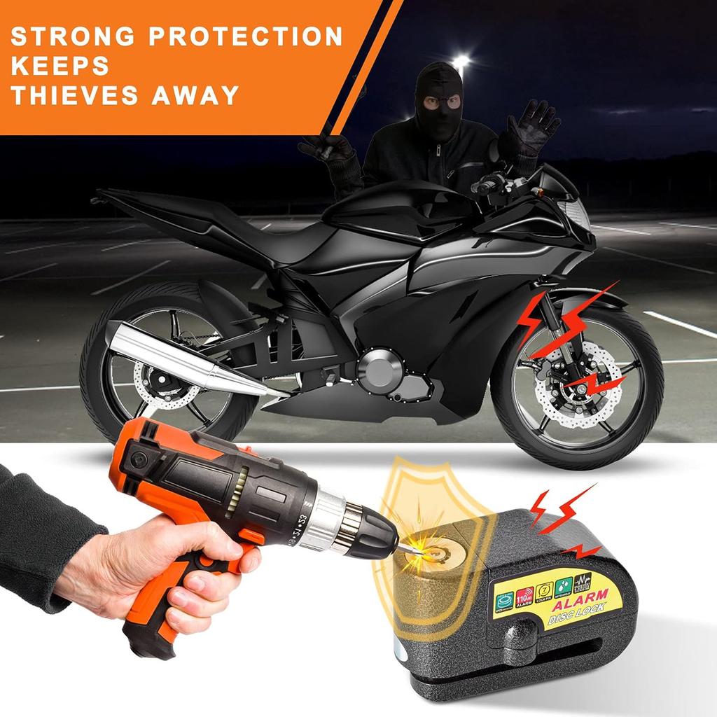 Motorcycle Alarm Disc Brake Lock, Motorcycle Locks Anti-Theft Security Wheel Disc Lock Waterproof 110DB Alarm Sound With 5Ft Reminder Cable Keys And