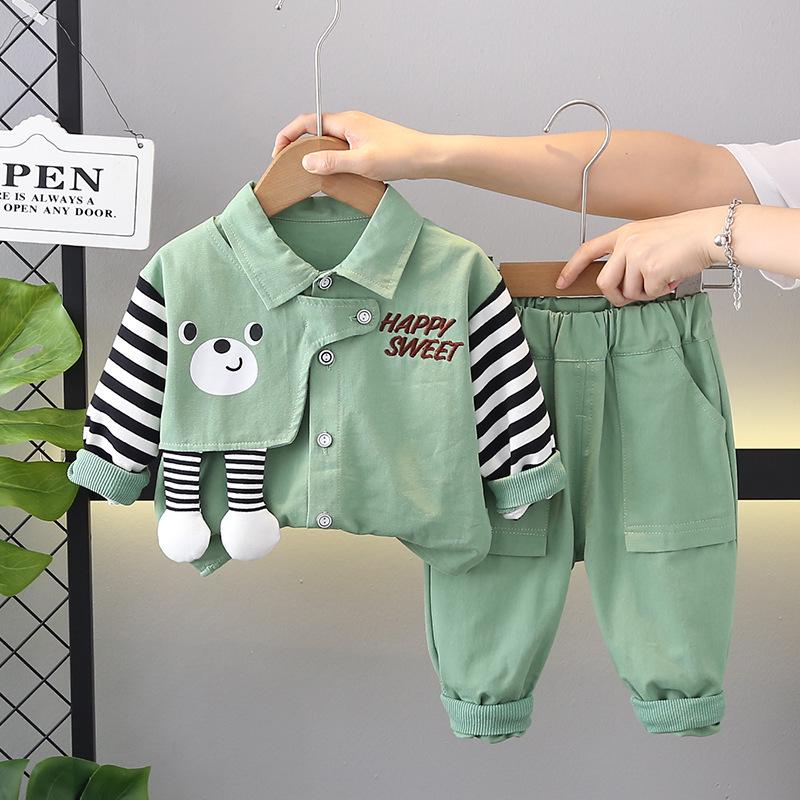 Children's Two-Piece Workwear Set: Boys' Striped Patchwork Long Sleeve Shirt for Spring and Autumn