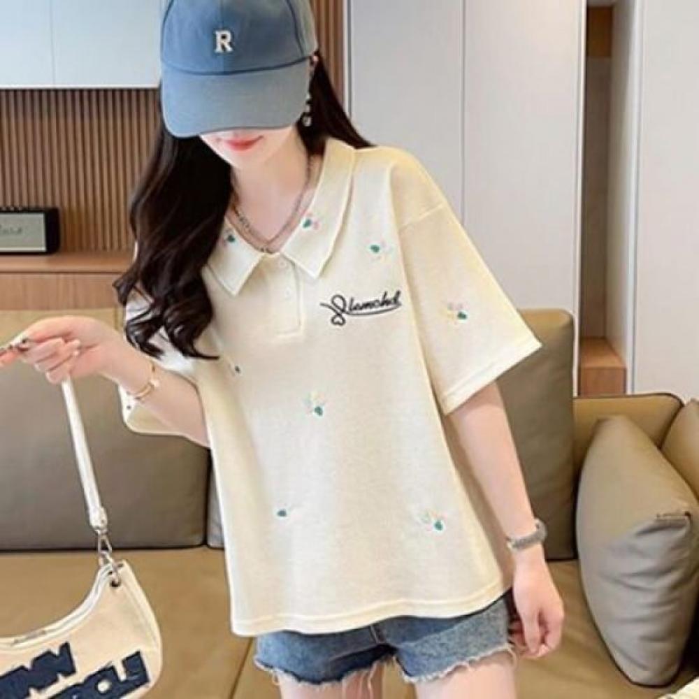 Navava Women Flower Embroidery PoinTed Collar ShorT Sleeve T shirT nT2477