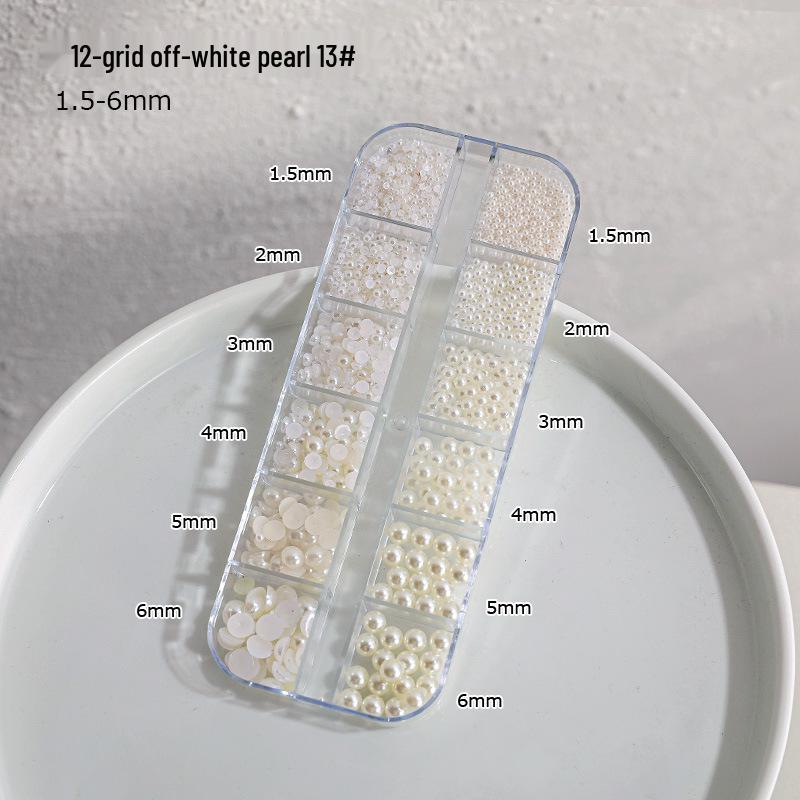 12-Grid Nail Art Pearls: Off-White Mixed Sizes, No Holes, Semi-Circular Boxed Decorations