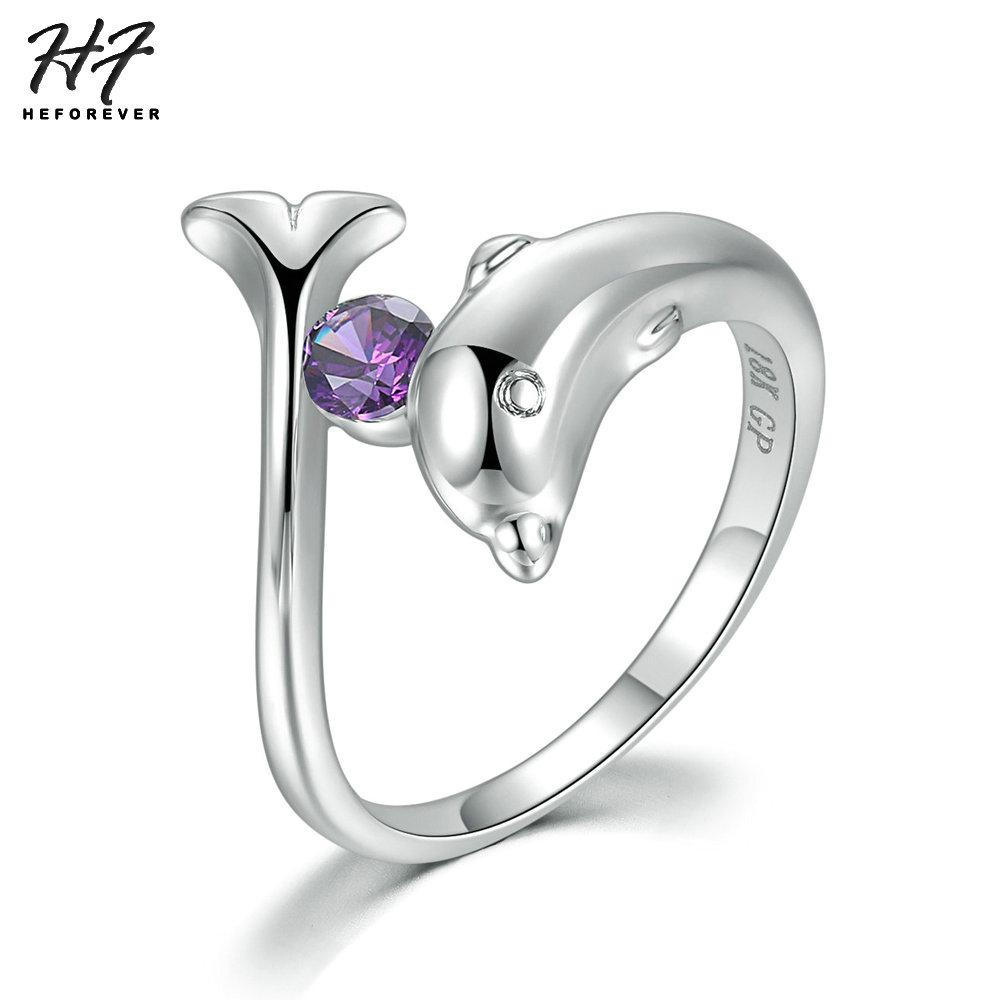 Trendy Birthstone Rings for Women New Design Dolphins Style Silver Plated 9 Colors Wedding Engagement Xmas Fashion Jewelry R788