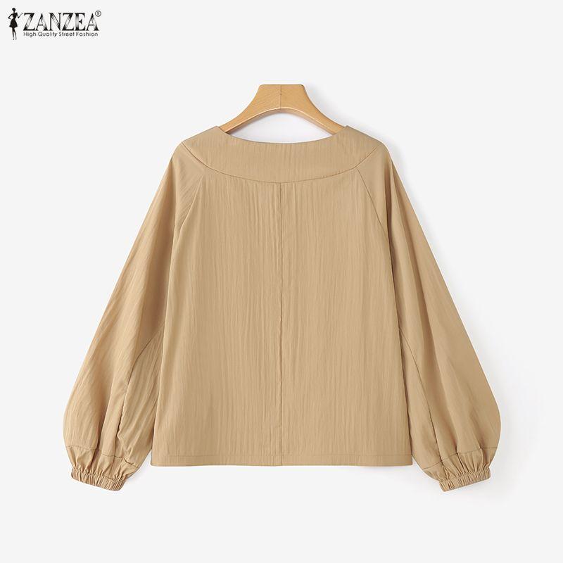 ZANZEA Women Casual Round Neck Solid Color Loose Long Sleeve Blouse