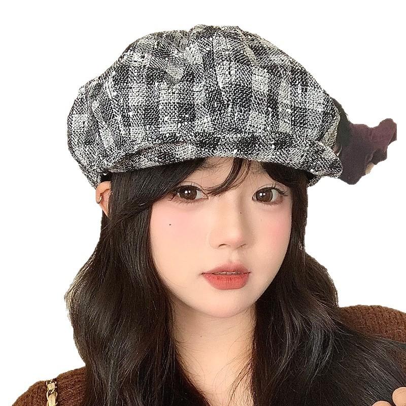 American Retro Versatile Houndstooth Octagonal Hat for Women In Autumn and Winter Face Showing Small Beret Outdoor Casual Painter Hat New