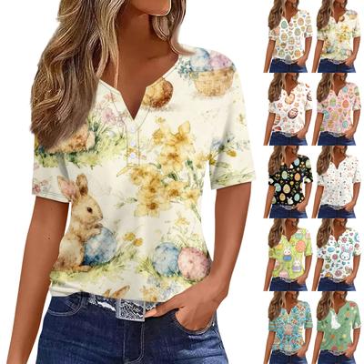 Women's T Shirt Tee Printed Button Short Sleeve Tunic Daily Weekend Fashion Basic V- Neck Regular Top