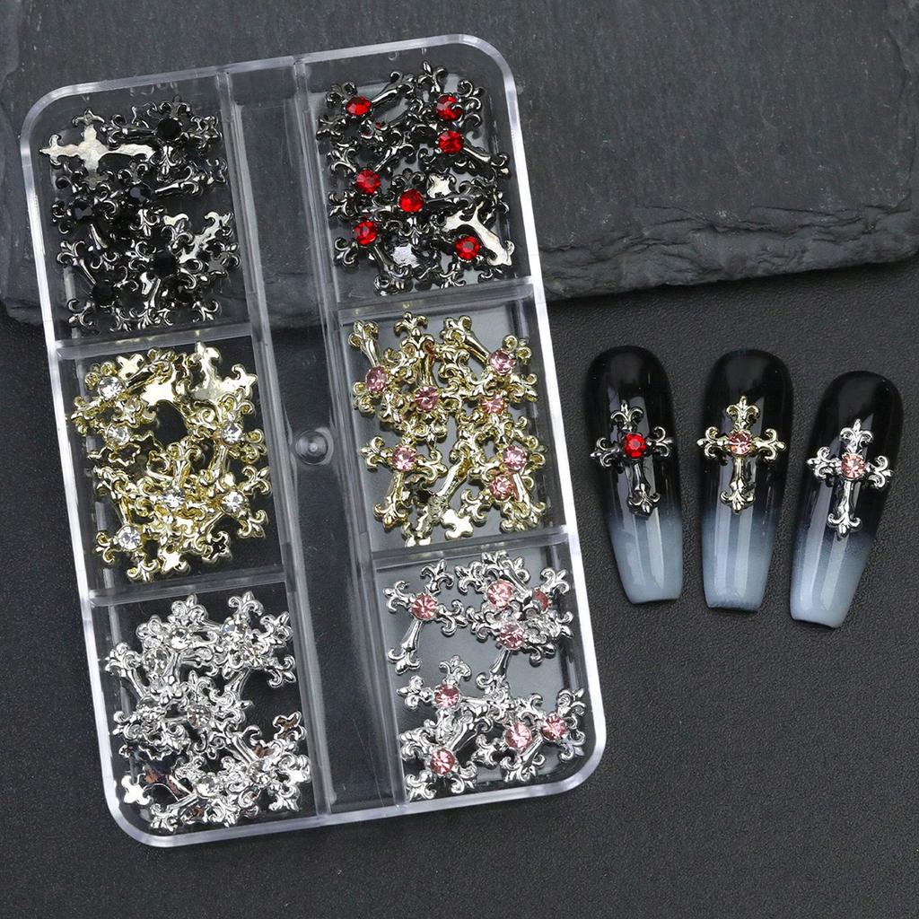60pcsY2K Gold Silver Black Cross Nail Decorations Set With Rhinestones Alloy Nail Art Charm Accessories For Manicure DIY Styling