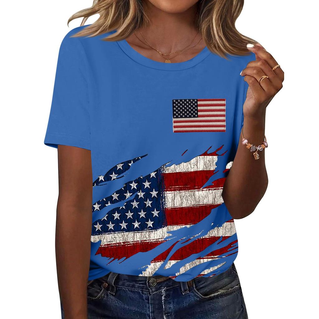 Damski modny, swobodny, krótki rękaw, nadruk, okrągły dekolt, bluzka typu pullover