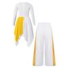 Girls Worship Dance Outfit Lyrical Performance Costume Set Metallic Asymmetrical Dress and Long Sleeve Wide Leg Pants