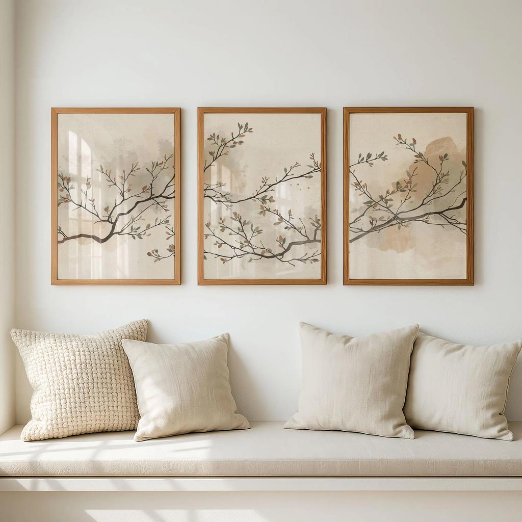 Set di 3 Stampe Botaniche Neutre da Parete, Trittico Japandi da Parete, Decorazione Minimalista Giapponese Scandinava, Stampe da Parete Beige Taupe Oliva