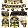 2026 Black & Gold Graduation Party Supplies: Paper Plates, Pull Flags, & Napkins.