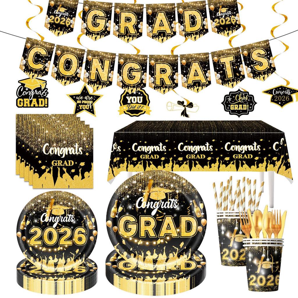 2026 Black & Gold Graduation Party Supplies: Paper Plates, Pull Flags, & Napkins.