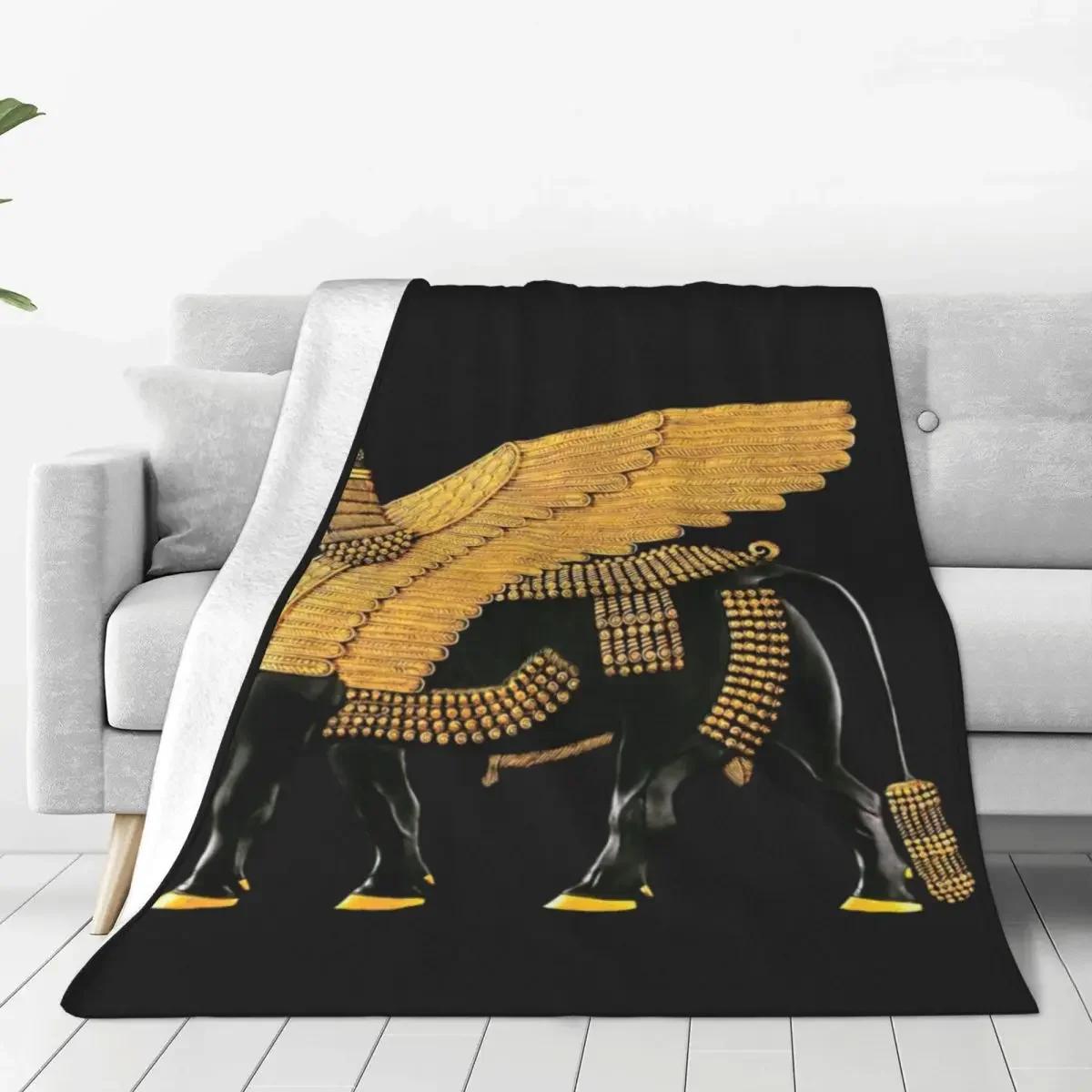 Assyrian Winged Bull Flannel Throw Blanket Soft Warm Retro Couch Bed Camping Aesthetic Bedspread Sofa Cover 40x50in