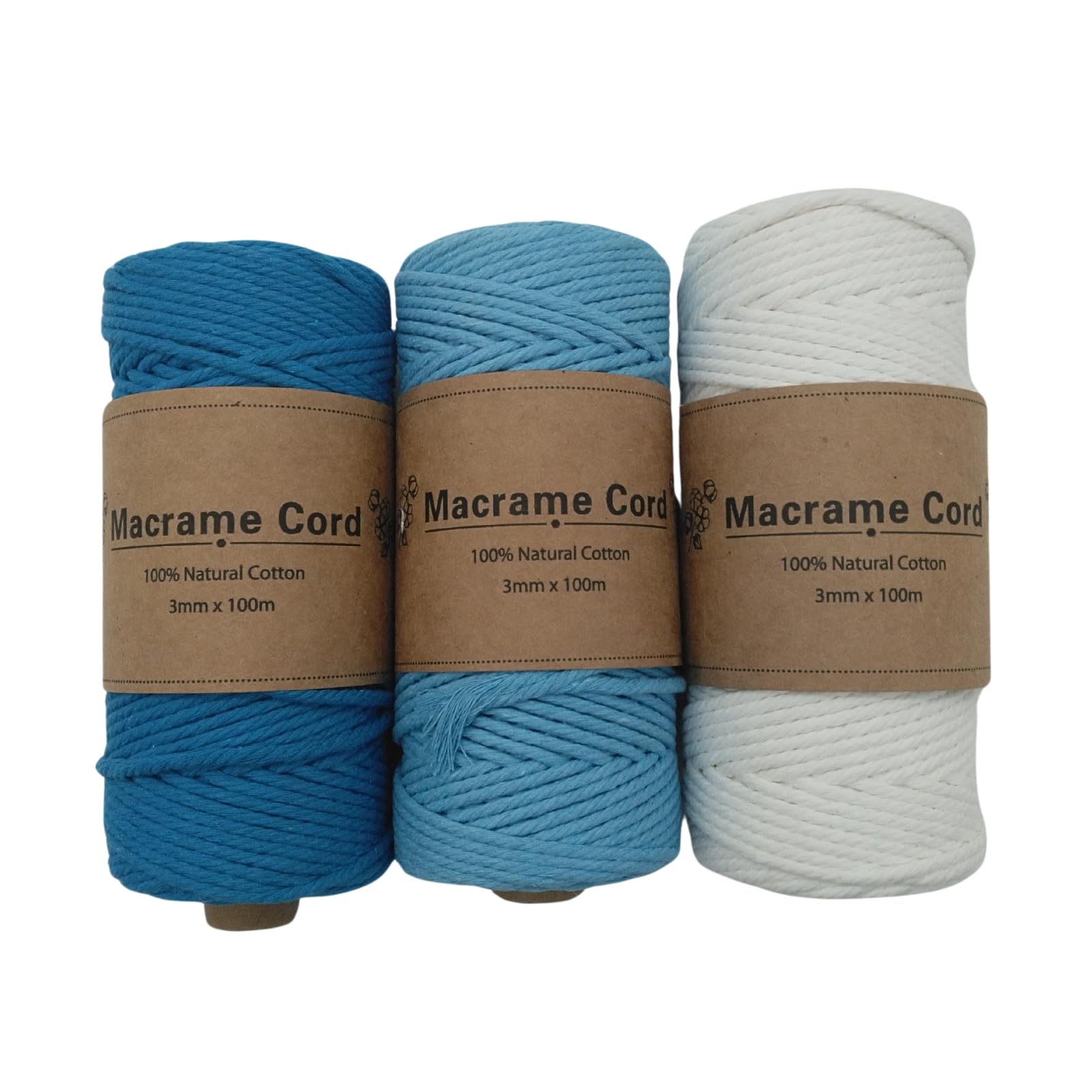 

COZENTA Macrame Cotton Set of 3 Colors Light for Knitting and Crafts Yarn, String, 3mm, 100m, (Cerulean Blue, Blue, White)