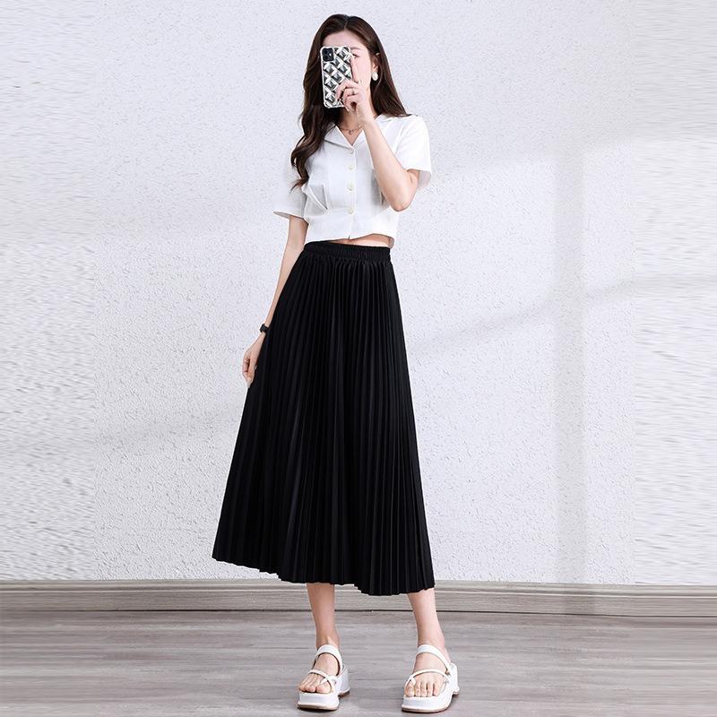 Spring Autumn Preppy Style Elegant Fashion Pleated Skirt Women Elastic Waist Solid Temperament All-match Skirts