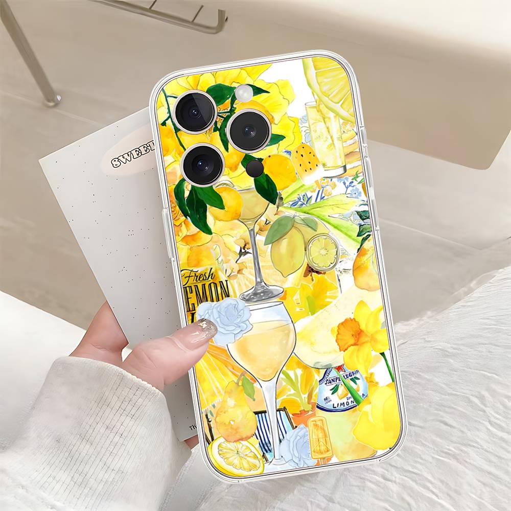 Seaside Scenery Wine Lemon Phone Case For IPhone 17 16 15 14 Plus 13 12 11 Pro Max Phone Back Cover Transparent Shockproof Cover