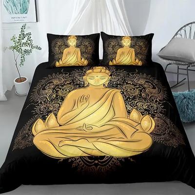 Ensemble de housse de couette Bouddha King Size Ensemble de literie bohème ethnique exotique en microfibre Imprimé statue de Bouddha doré Superbe housse de couette