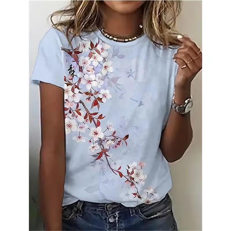 Summer Round Neck Women's T-shirt Fashion Splash Ink Flower 3D Printed Top Comfortable Loose Short Sleeve T-shirt