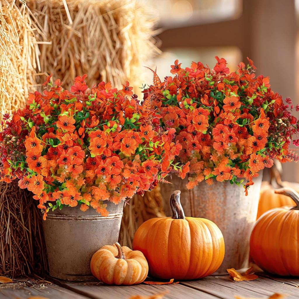 CEWOR 24 Bundles Orange Artificial Mums Flowers Fake Fall Plants for Outdoor Indoor, Fake Silk Daisy with Eucalyptus Leaves for Autumn Garden Front