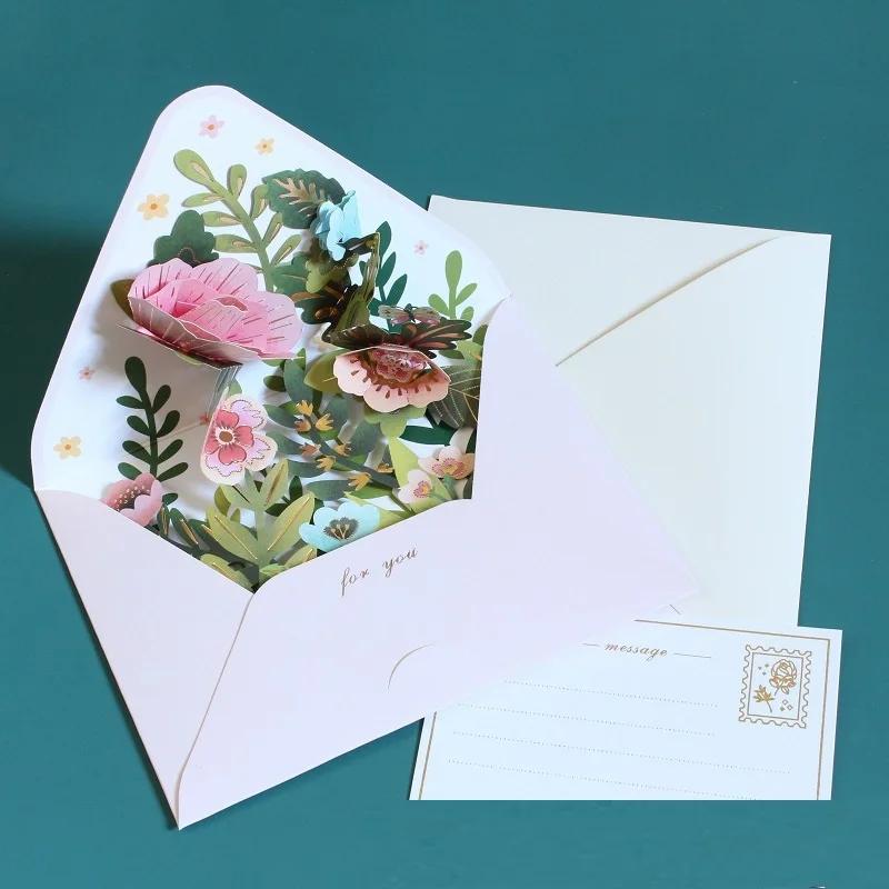 3D Greeting Cards Romantic Flower Pop Up Card with Envelope Creative Laser Cut Post Card for Birthday Party Wedding Decoration