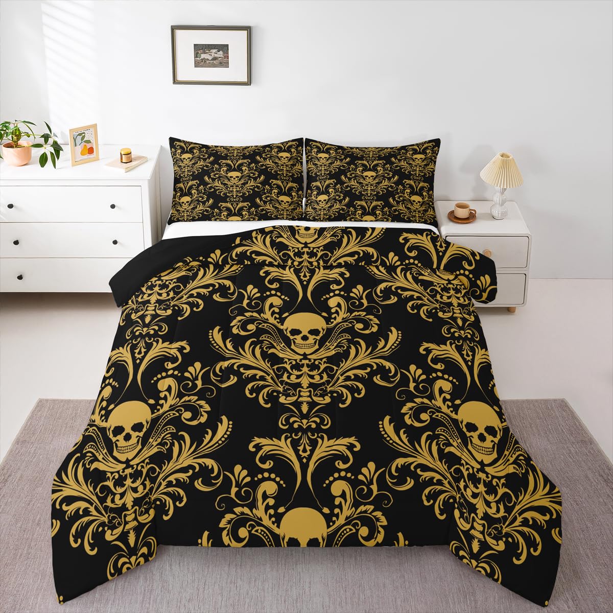

Erosebridal Adults Black Damask Bedding Set Antique Victorian Baroque Comforter Set Full Size Gothic Vintage Floral Quilt Exotic Sugar Skull 155x200cm