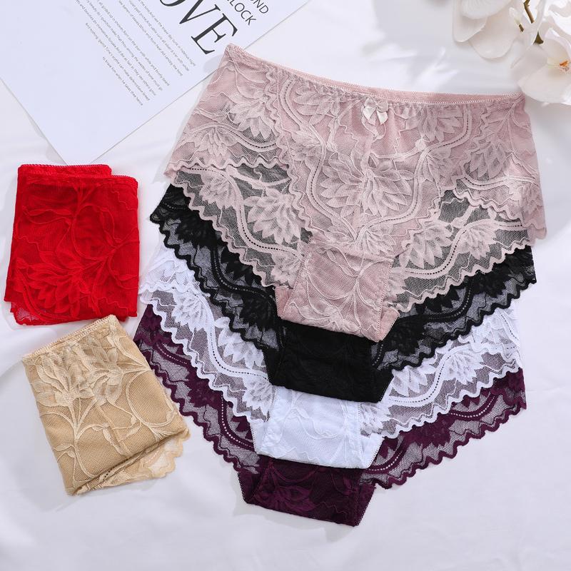 1 pezzo Biancheria intima da donna a vita alta, taglie forti, tinta unita, con pizzo, alla moda, traspirante, morbida e confortevole, biancheria intima da donna di alta qualità