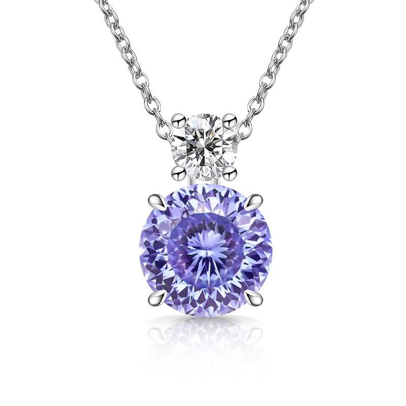 925 Sterling Silver Stylish Exquisite Nest Cut Round Crystal Zircon Violet Pendant Necklace Birthday Party Anniversary Gift