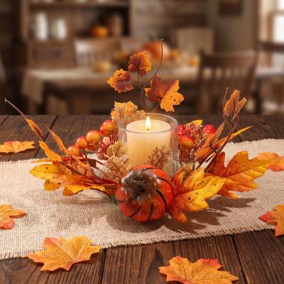 Artificial Maple Leaf Berry Candle Ring Wreath Thanksgiving Harvest Festival Decor
