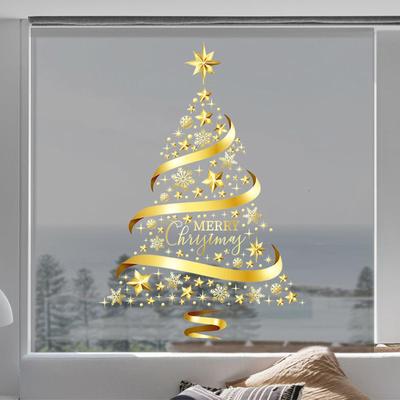Weihnachtsfensteraufkleber Deko Goldener Baum Statische Aufkleber für Türen & Fenster Anbringen & Entfernen, für lustige Feiertagsdeko für Zuhause