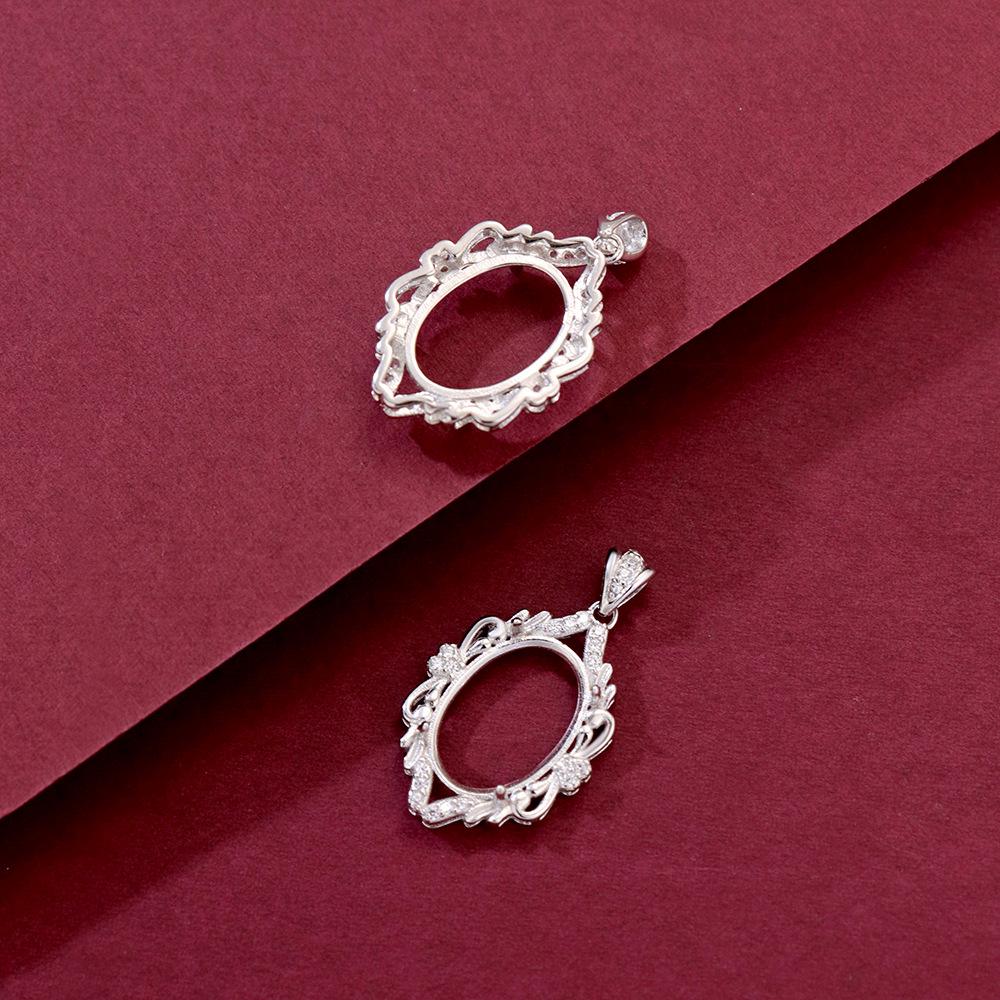 925 Sterling Silver White Gold Egg-Shaped Pendant Setting, Unset, Exquisite Fashion, Light Luxury, 10x14 mm.