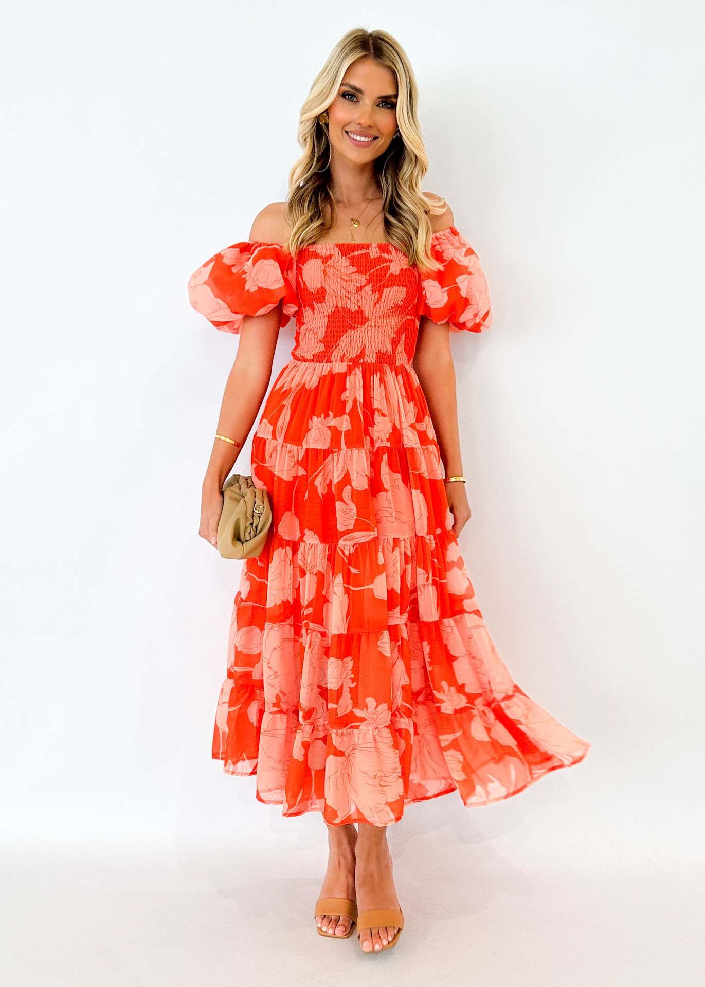 Summer Women s One-Neck Chiffon Bubble Sleeve Layered Printed Dress S