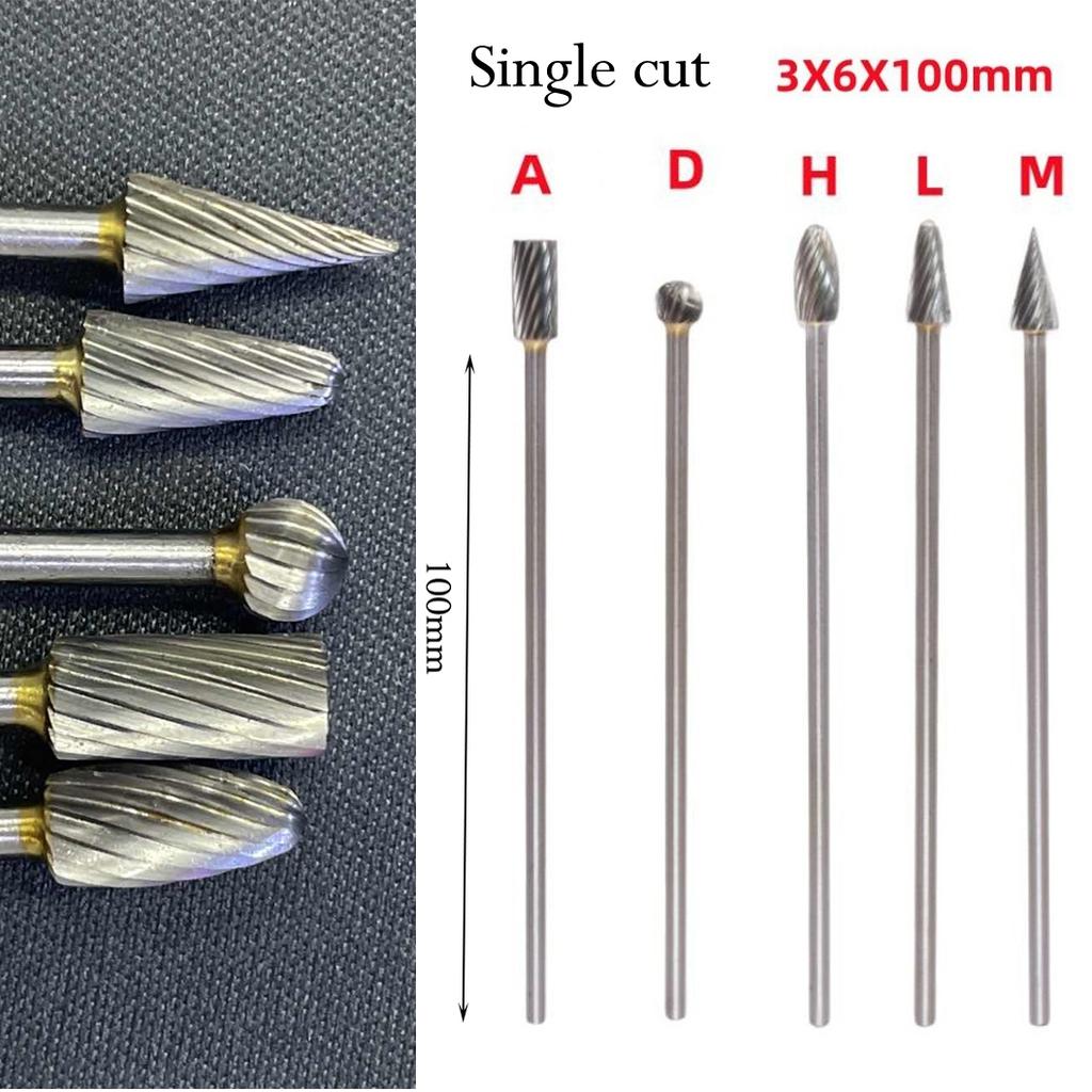 5pcs 100mm Long Rotary Burrs Set 3x6mm Solid Carbide Single Cut Tool Bits