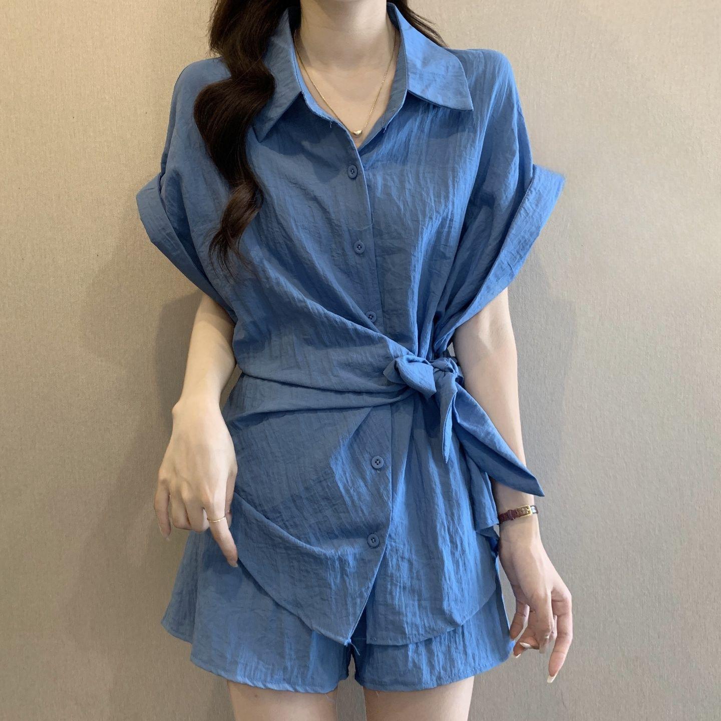 Women s Stylish Slimming Two-Piece Lace-Up Short-Sleeved Shirt and Shorts Set S