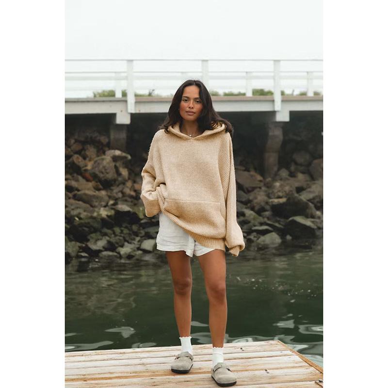 Women Loose Long Sleeve Hooded Knitted Sweater Casual Pullover Pure Color Hoodie Front Pocket Loose Fit Sweater Tops