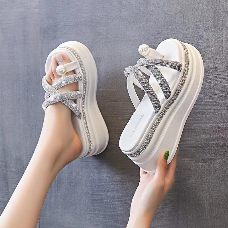 

Wedge heel set toe rhinestone slippers women s summer European and American fashion thick bottom outer wear cool slippers small height increase women 39