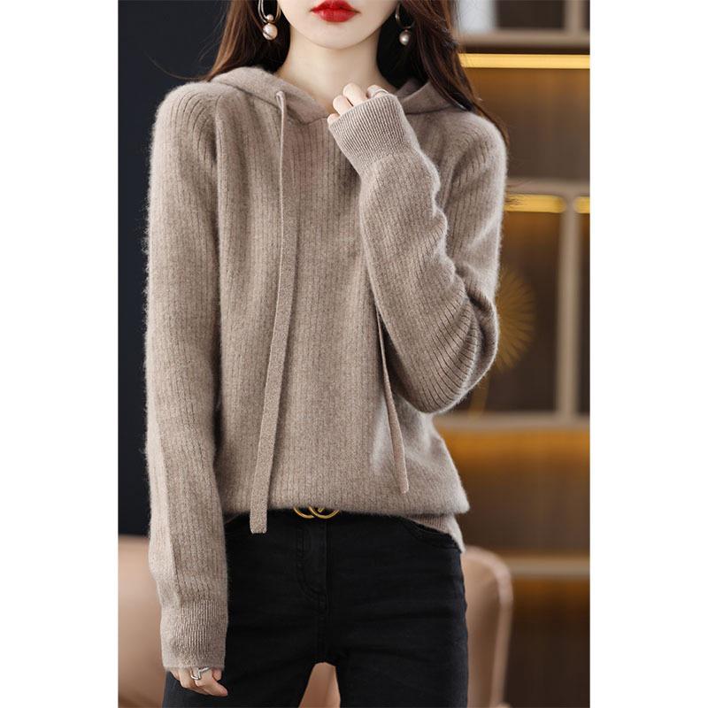 Women's 100% Cashmere Wool Hooded Sweater: Cozy Autumn/Winter Knitwear with Large Hood, Plus Size Options Available.