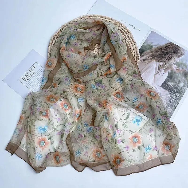 Four Seasons Thin Silk Scarf Women's Silk Scarf Long Versatile Fashion Shawl Scarf Beach Towel