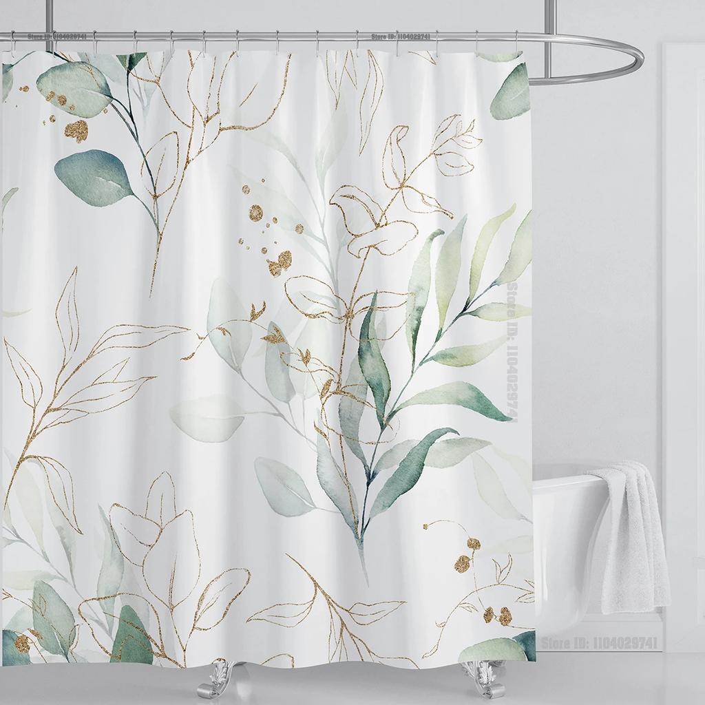Watercolor Leaves On The Top Plant With Floral Bathroom Greenery Leaf Decoration Watercolor Botanical Shower Curtain With Hooks