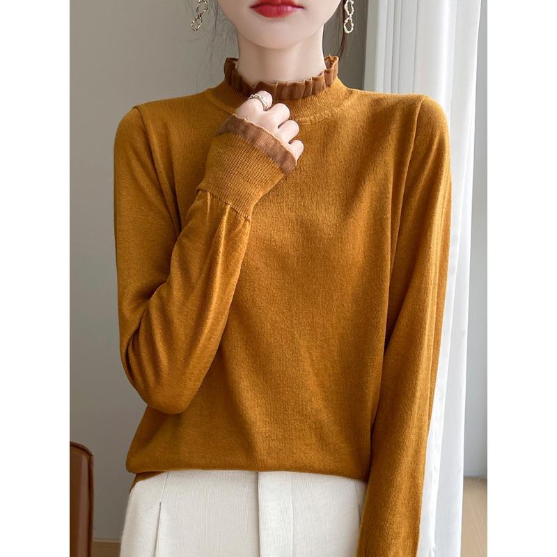Semi-turtleneck fungus edge lace splicing knitted sweater women's autumn and winter new sweater inner and outer wear bottoming shirt thin