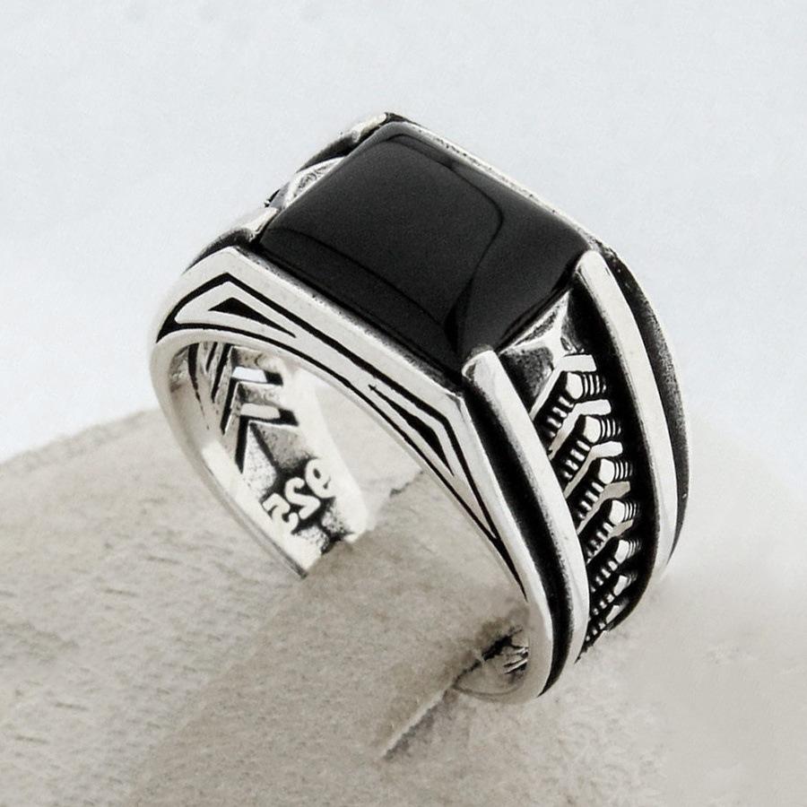 Black Onyx Street Retro Punk Hip Hop Men's Fashion Hand Jewelry Steel Color Ring